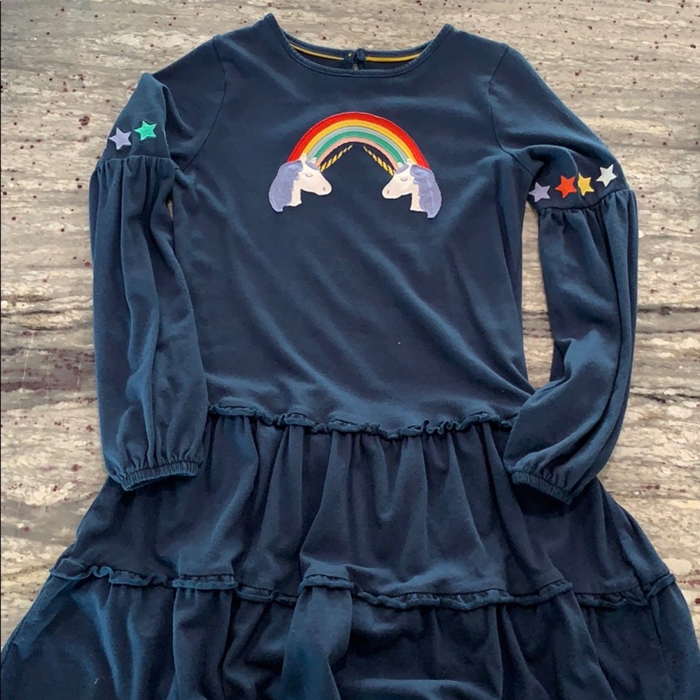 Mini Boden rainbow unicorn ruffled skirt dress